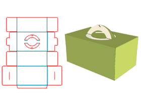 蛋糕盒,蛋糕盒结构设计,双插口式蛋糕盒,提手式蛋糕盒,顶部面开提手位贴pvc塑料片,可见内部产品