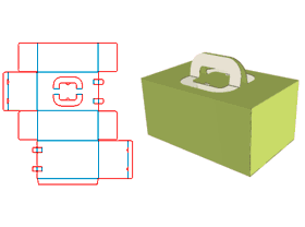 蛋糕盒,蛋糕盒结构设计,双插口式蛋糕盒,提手式蛋糕盒,顶部面开提手位贴pvc塑料片,可见内部产品
